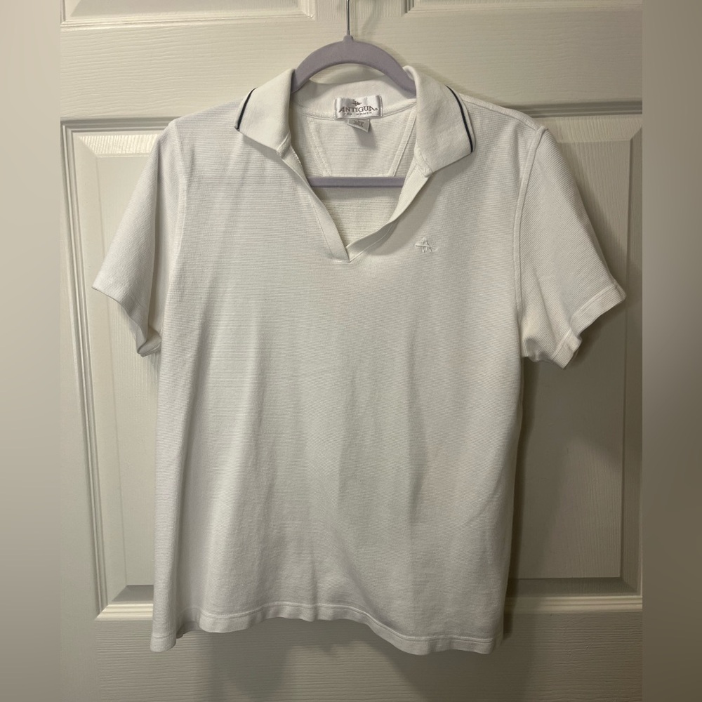Antigua Women's White‎ Polo Golf Shirt with Black Trim in Collar. Sz L